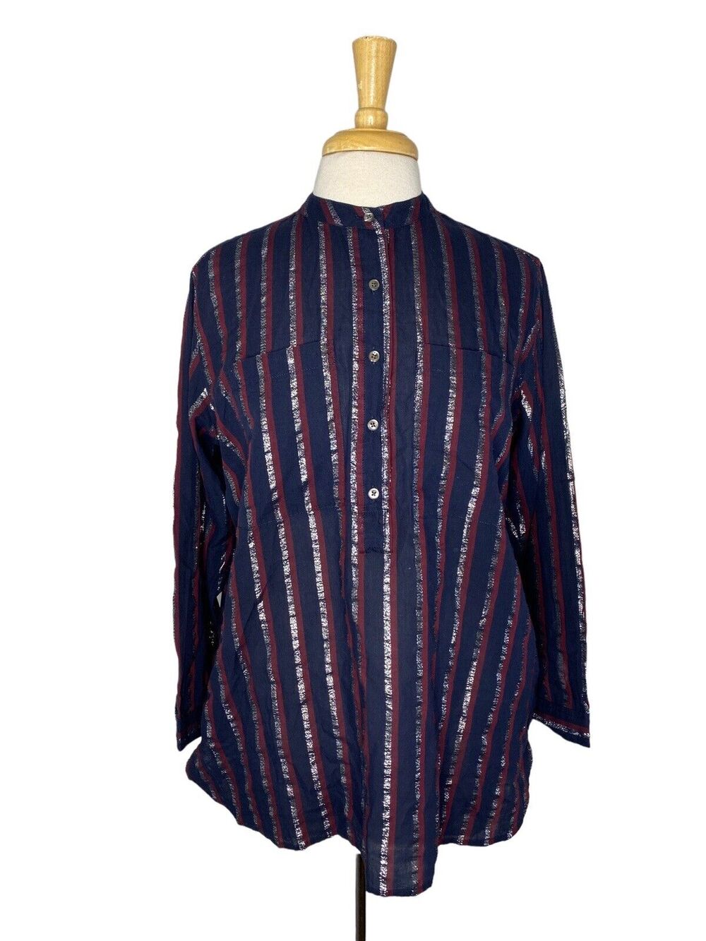 J.CREW Silver Metallic Stripe Navy Blue Red Popover Top Size 4 Long Sleeve